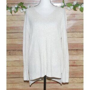 Chaps Cream Ivory Sweater Size 1X V-Neck Gold Metallic Stretch Long Sleeve